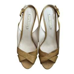 Prada Beige Leather Slingback Strappy Platform Heel Women Size 38.5